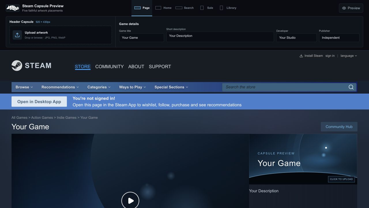 Steam Capsule Preview showing artwork inside a Steam-style game page